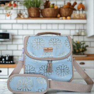 Natural Elements Insulated Lunch Bag Tote Light Blue with Floral Pattern NWOT